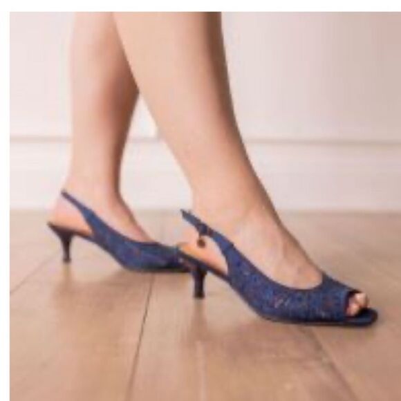 J. Renee ARATA Navy Blue Sparkle Laser Cutout Lace Mesh Open Toe Slingback Heels - Picture 2 of 16